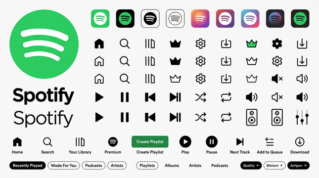 Spotify Music App Logo and Icons Set Vector Illustration, Professional Branding Identity Symbols, Digital Multimedia Player Buttons, Mobile Application UI Interface Elements Collection.