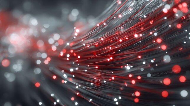 Illuminated strands of glowing fibers twist through a dark, abstract composition.