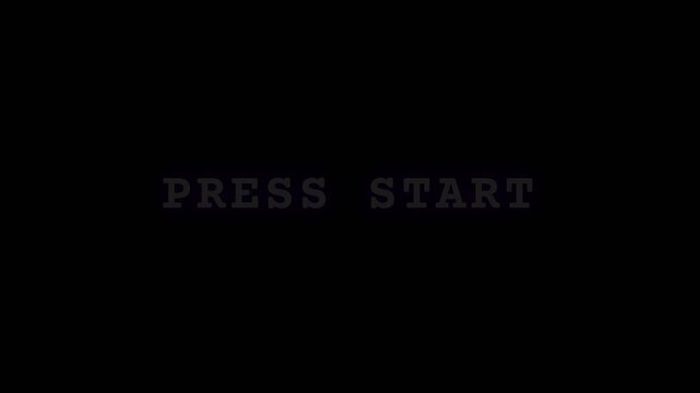 Press Start Pixel Text Blinking with Purple Neon Glow and Retro VHS Glitch Effect on Black Background Overlay
