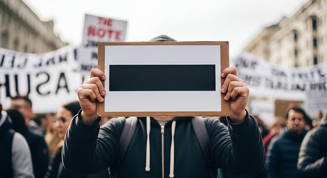 Protester hides face behind blank sign at rally, anonymity and dissent concept