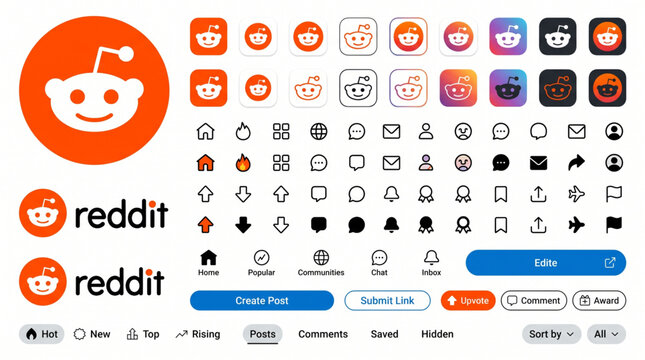Reddit logos and user interface icons set vector illustration collection including snoo mascot app icon variations buttons upvote downvote and navigation UI elements for design projects.