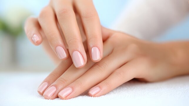 Close up of elegant female hands with soft pink manicure on white towel. Natural nail care, beauty treatment and minimalist skincare concept with clean polished nails