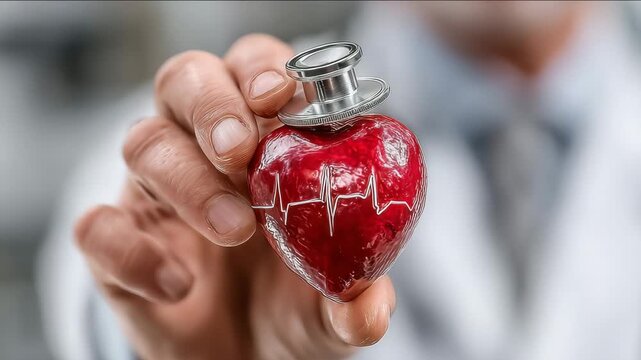 Close-up of doctor holding realistic heart-shaped object with ECG line and stethoscope on blurred background concept of heart health care help reduce blood pressure.