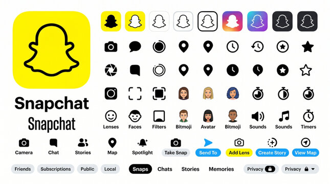 Snapchat Logos and Icons Set Vector Illustration Featuring Ghost Logo, Camera, Chat, Map, Spotlight, Bitmoji Avatars, Timer, Lens and Other Social Media App User Interface UI Elements.