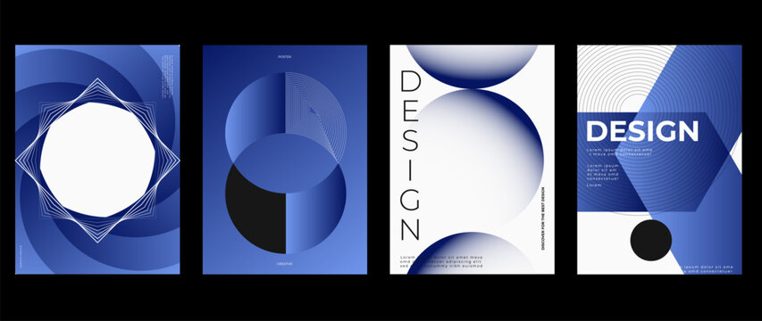 Abstract blue geometric poster vector set. Modern design templates with circles, gradients, line patterns, white space and typography for creative layouts.