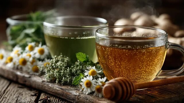 Hot chamomile tea in glass cups with steam surrounded by flowers honey dipper and lemon on rustic wood concept of natural relaxation.