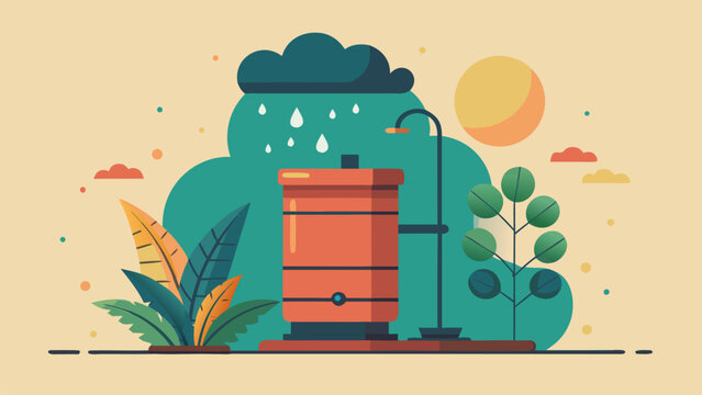 Flat vector illustration of a modern rainwater harvesting tank connected to a house roof gutter. Eco-friendly water conservation system, sustainable living, and green technology concept isolated