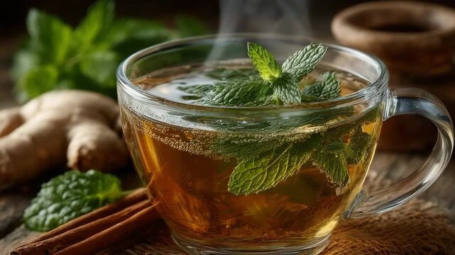 Herbal teas that aid digestion. Clear glass cup filled with hot herbal tea garnished with mint leaves placed on rustic wood with ginger and spices natural wellness concept.