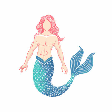 Illustration of a Male Mermaid with Pink Hair and Blue Tail