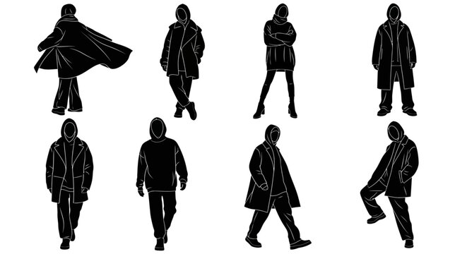 Set of black silhouettes of people in winter coats and hoodies