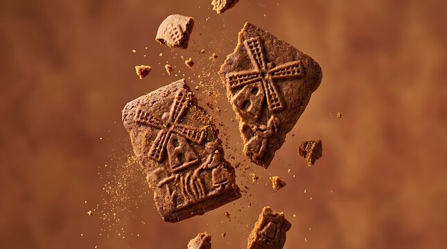 Ancient broken cross stone fragments on brown background