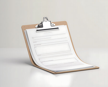 A tan clipboard holds several sheets of paper with lines and text, tilted on a white reflective surface