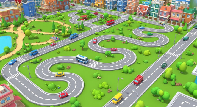 Cartoon City Traffic Road Network With Cars and Buildings.