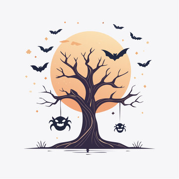 Halloween Tree with Bats and Spiders Under a Full Moon