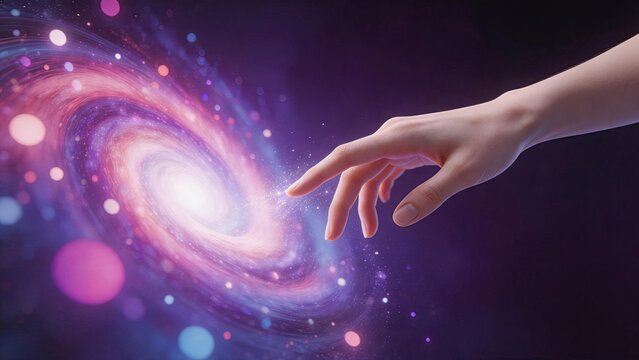 Human hand reaching out to touch a vibrant colorful spiral galaxy nebula in deep space illustrating creation universe origin science fiction fantasy magic power and cosmic