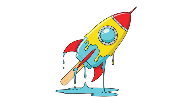 Rocket shaped ice cream popsicle in blue yellow and red colors is melting onto a stick in a fun and creative summer themed illustration.