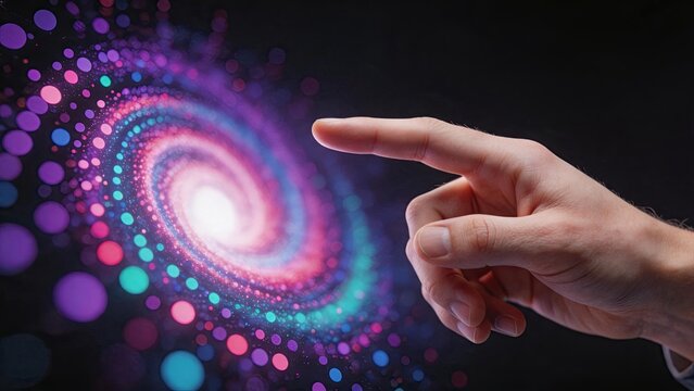 Futuristic hand interacting with glowing digital galaxy spiral, symbolizing innovation, technology, and cosmic connection in virtual reality or AI interface design concept for