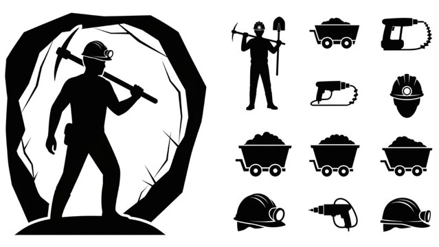 Mining Worker Silhouette Vector Icon Sheet, Underground Tunnel Digging, Pickaxe, Shovel and Heavy Coal Mine Equipment Symbols Set, Black Safety Shapes