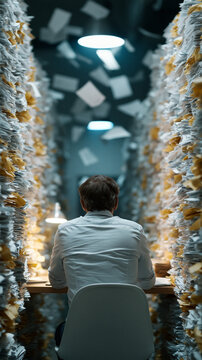 Overwhelmed by Paperwork: A lone individual, seen from behind, sits at a desk surrounded by towering stacks of paper and documents.