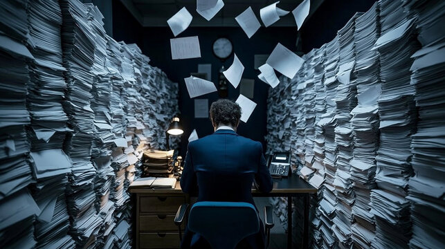 Overwhelmed by Paperwork: A businessman sits at his desk, surrounded by towering stacks of documents and scattered papers, symbolizing the immense pressure and burden of overwhelming tasks.