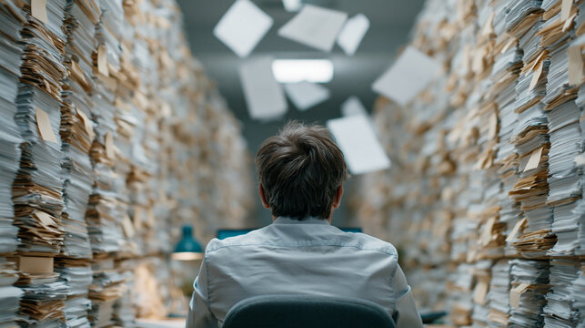 Overwhelmed by Paperwork: A lone individual sits at a desk, facing away from the camera, dwarfed by towering stacks of paper and documents in a dimly lit office.