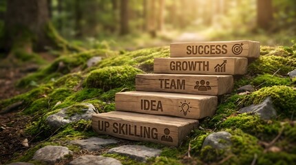Wooden staircase placed in a serene forest setting represents the progressive stages of professional development and career growth. © SRD