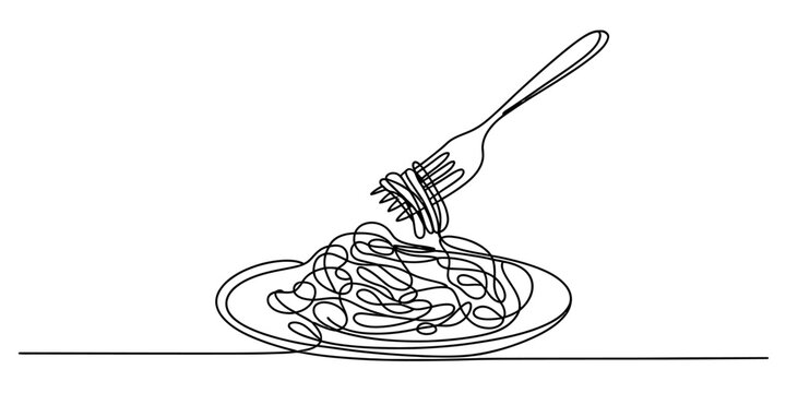 Continuous line drawing of spaghetti on a plate with a fork