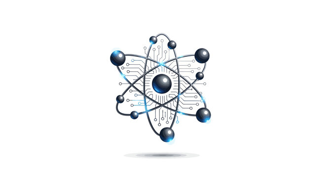 Abstract atom model with orbiting electrons and digital circuits, science and technology concept