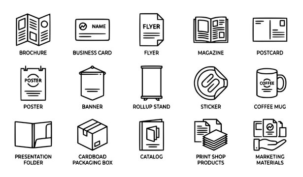 Printing and promotional materials outline icon set vector illustration