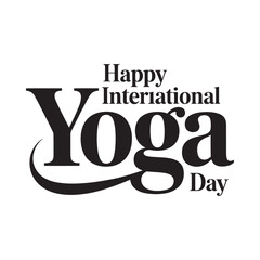 Happy international yoga day typography with decorative swirl black on white © MdAbuzar
