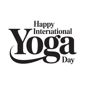 Happy international yoga day typography with decorative swirl black on white