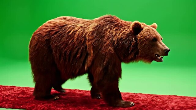 A brown bear walks on a red carpet in front of a vibrant green screen, possibly for a film or photography shoot.