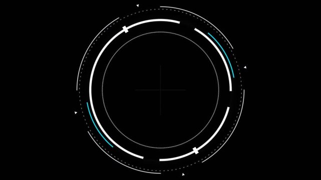 HUD circular interface rotating with white dashed rings and teal light strokes on black background for sci-fi user interface design.