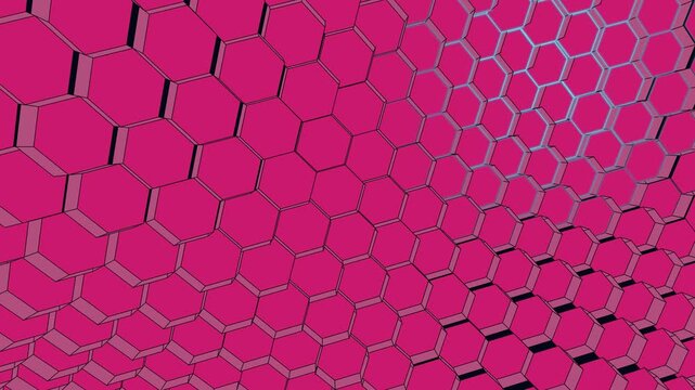Magenta Hexagon Grid Honeycomb Pattern Pulsing and Glowing with Expanding Motion on Black Background for High Tech HUD Motion Graphics Background