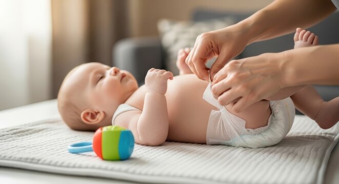A parent is changing the diaper of a baby lying on a changing mat with a toy nearby.