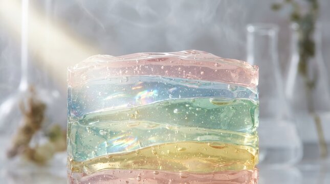 Close-up of a translucent rainbow-colored gel block with bubbles and iridescent shimmer in a laboratory setting with beakers and mist.
