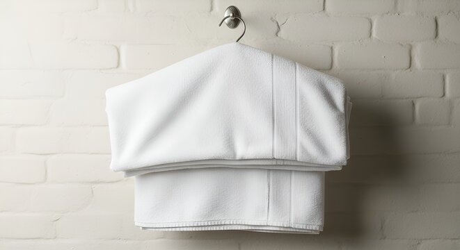 Clean White Bath Towels Folded Hanging on Hook Against Brick Wall