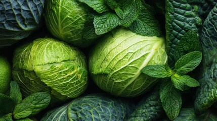 Obraz premium Fresh Green Vegetables and Herbs with Cabbage, Mint Leaves, Spinach and Kale on Wooden Background Ideal for Healthy Eating and Cooking Concepts