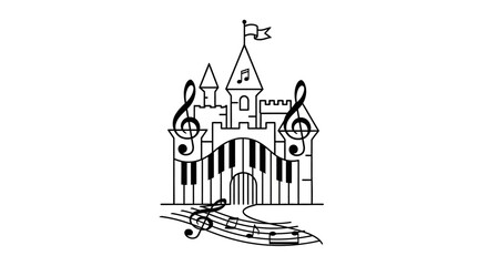 Naklejka premium Fantasy musical castle illustration with piano key gate, treble clefs, and music notes on a staff path, black and white line art graphic.