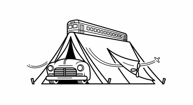 Conceptual travel illustration: Vintage car inside a tent with a passenger train on top, symbolizing journey, adventure, and exploration.