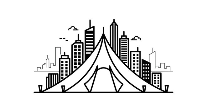 Minimal line art illustration of a large event tent against a modern city skyline. Urban festival or outdoor gathering vector graphic.