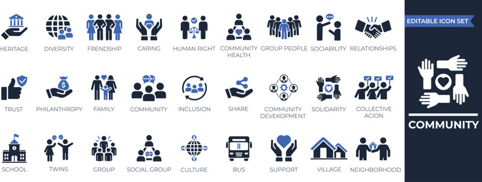 Community solid icon set: people connection, social group, networking, teamwork, society, volunteer, partnership, unity vector icons collection.