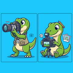 Cute dinosaur photographer with camera and tripod taking pictures. © Arviz