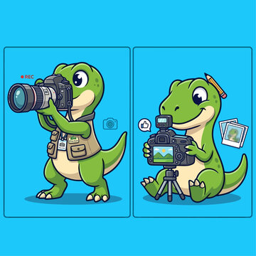 Cute dinosaur photographer with camera and tripod taking pictures.