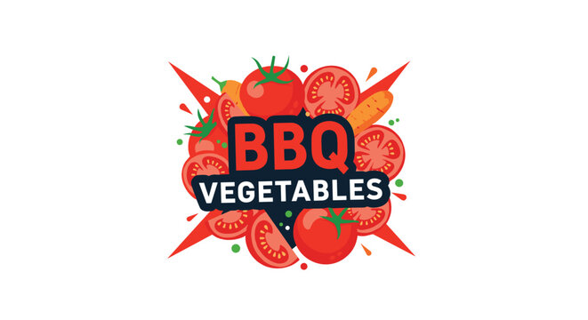 BBQ vegetables logo design featuring fresh tomatoes and carrots arranged behind a bold text label for healthy grilling concepts.