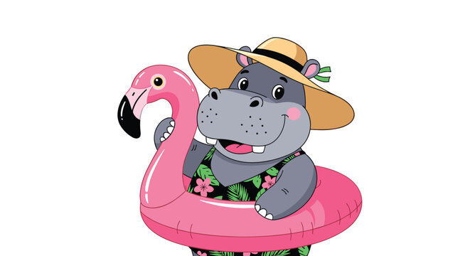 Cute hippopotamus wearing a floral swimsuit and a large sun hat while holding a pink flamingo floaty for a beach vacation.