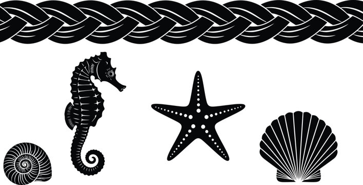 Black silhouette of seahorse, starfish, seashell, and nautilus shell with braided border marine life