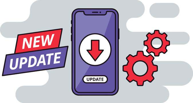 Smartphone screen displaying a software update notification with red gears and a bold download arrow icon