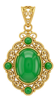 Ornate Gold Pendant With Green Gemstones Isolated On White