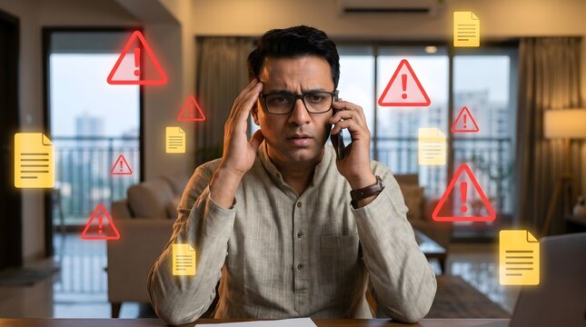 Businessman experiences extreme stress while managing digital document warnings during a challenging workday at his home workstation.